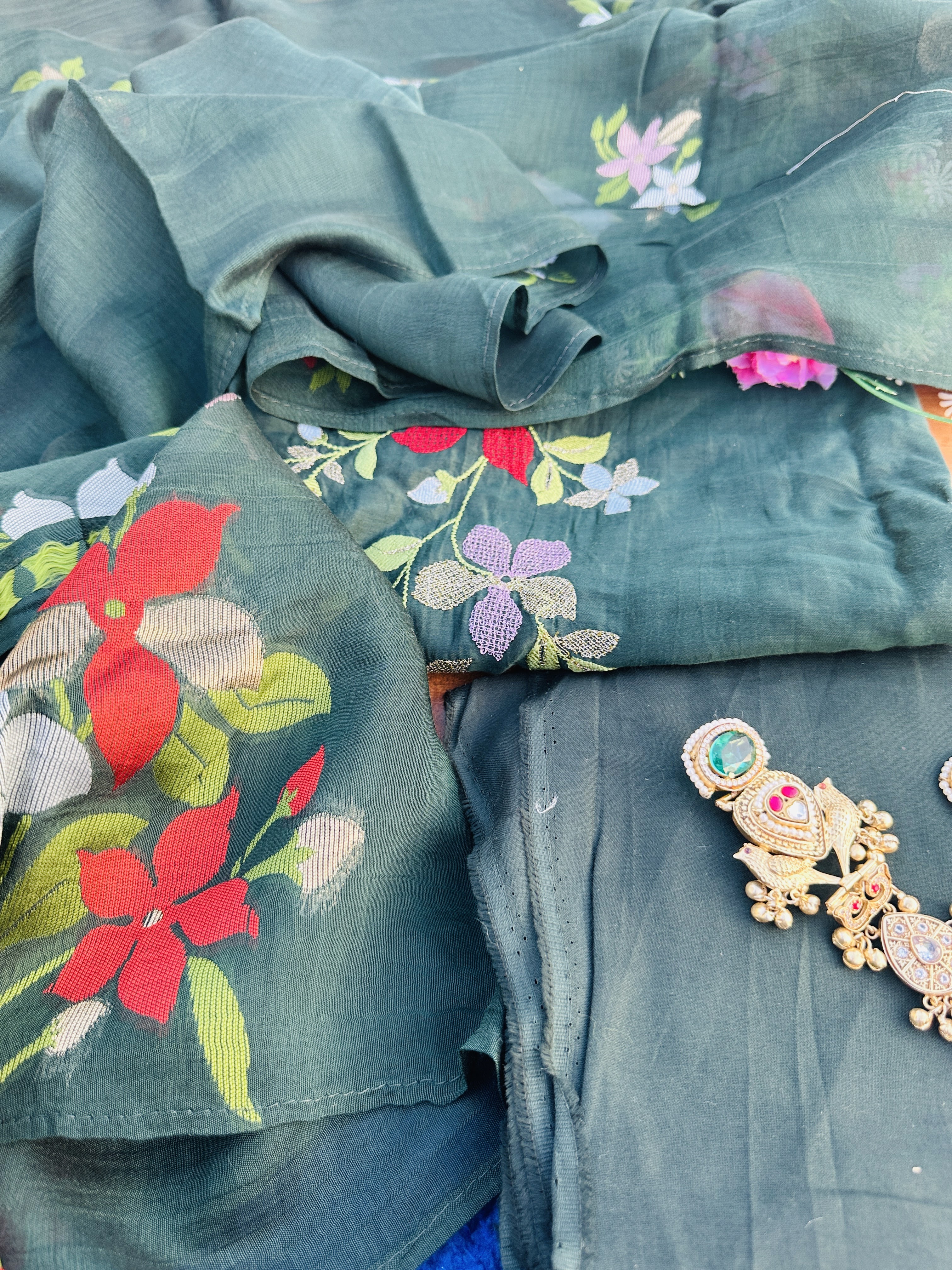 Pure mul Cotton Unstitched suit with floral hand thread work n mul duppata with floral hand thread work image 2