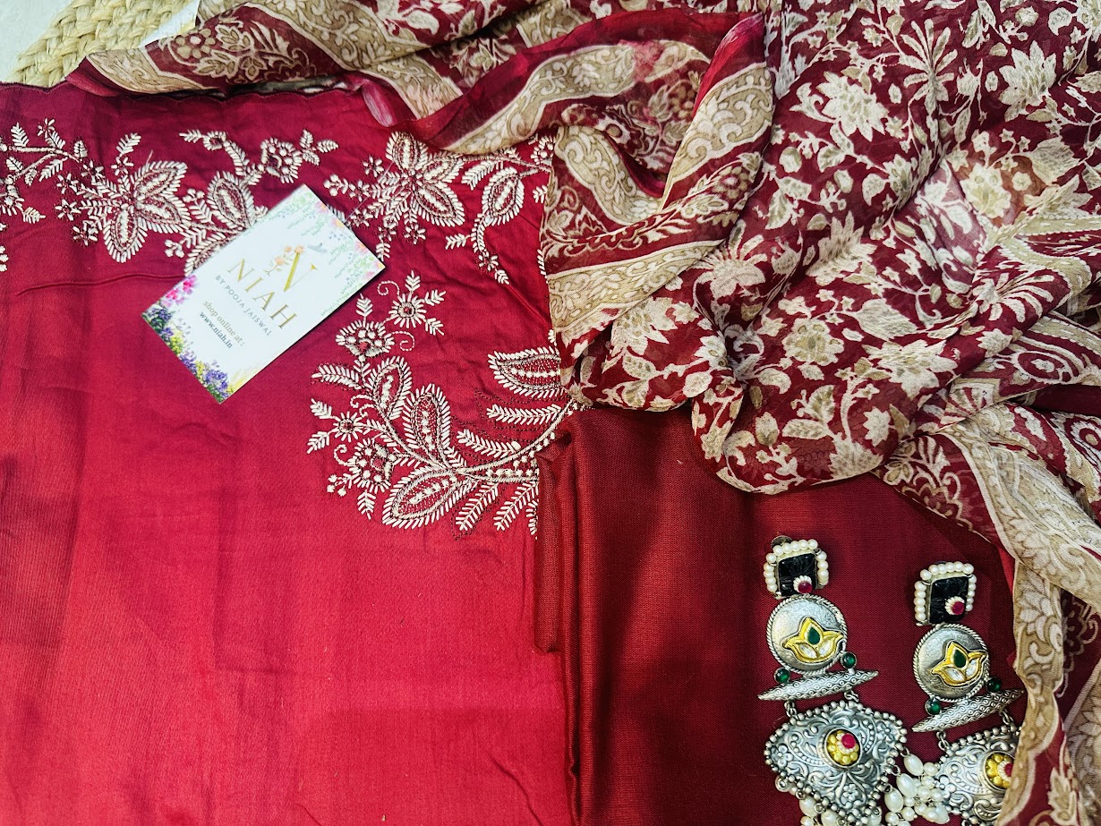 Red viscose cotton with chiffon duppata image 3
