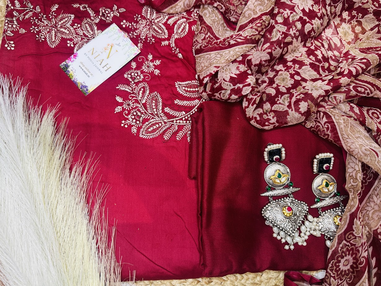 Red viscose cotton with chiffon duppata image 5