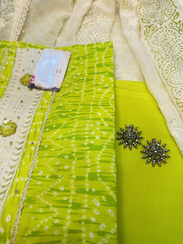 Pure cotton Neon Green Suit with chickenkari duppta n beautiful Bottom main image