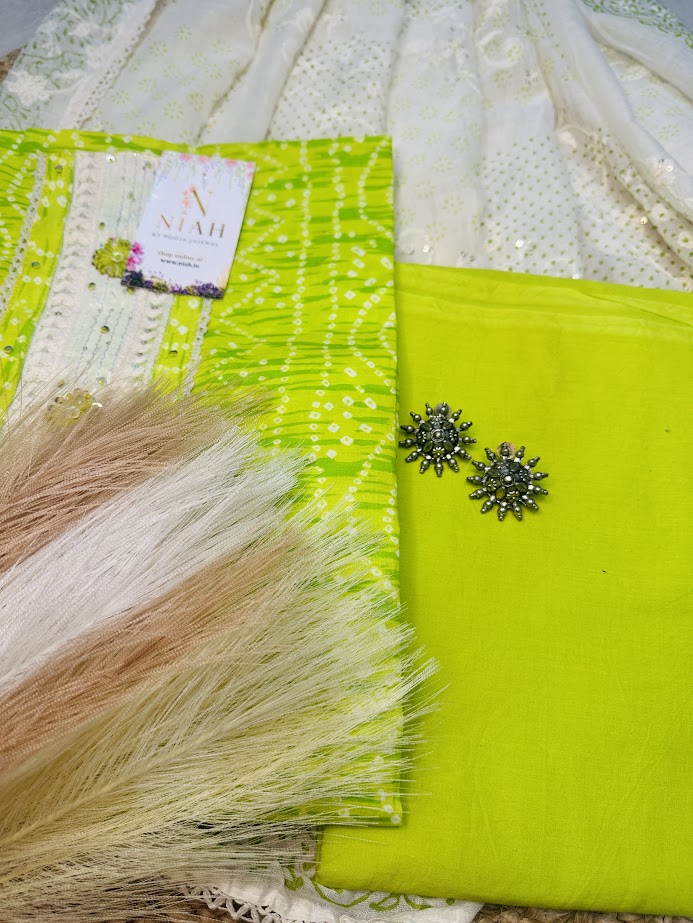 Pure cotton Neon Green Suit with chickenkari duppta n beautiful Bottom image 3