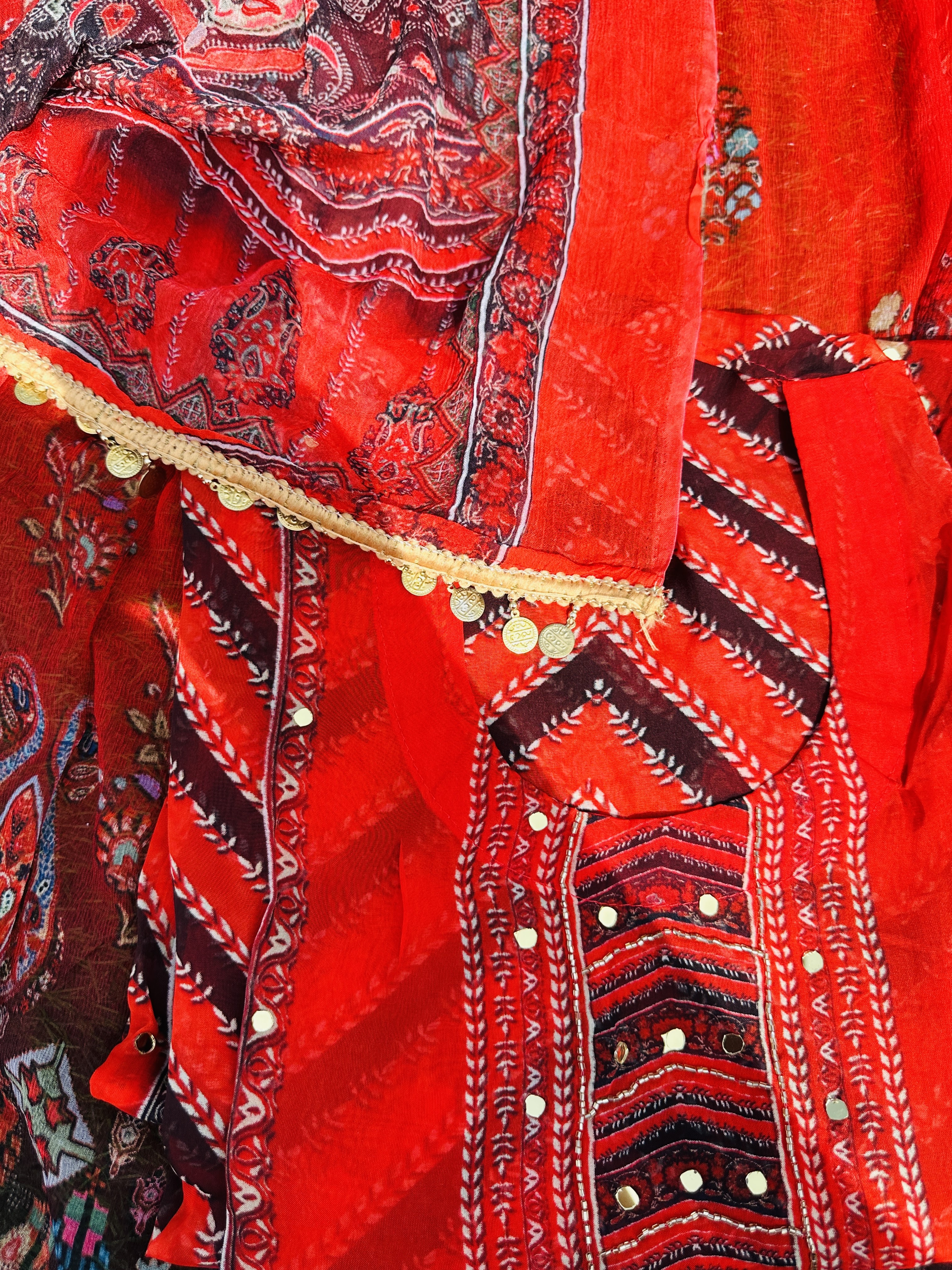Crepe Red unstitched suits with digital Print crepe Duppata